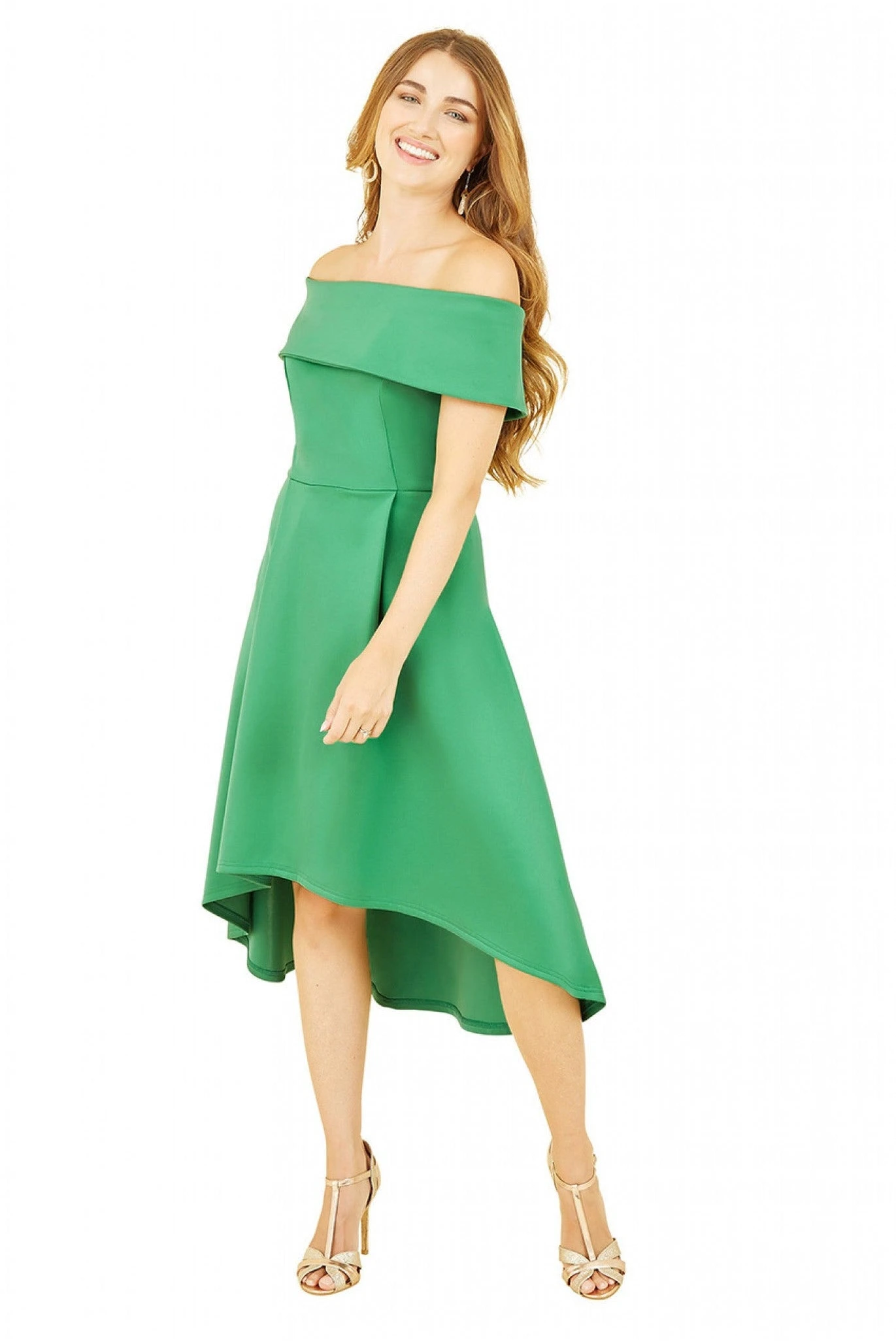 Mela London Bright Green Bardot Dipped Hem Dress 1 Mela London Bright Green Bardot Dipped Hem Dress