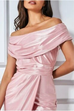 Goddiva Cowl Neck Bardot Satin Midi With Front Split - Blush 6 Goddiva Cowl Neck Bardot Satin Midi With Front Split - Blush -Sarto Vibe Sales bFN957fE 11410