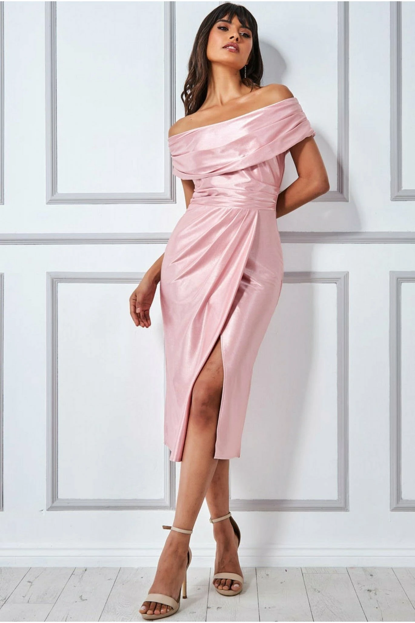 Goddiva Cowl Neck Bardot Satin Midi With Front Split - Blush 1 Goddiva Cowl Neck Bardot Satin Midi With Front Split - Blush