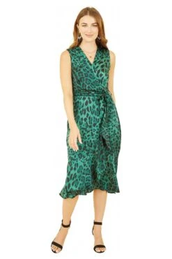 Mela London Green Animal Print Satin Wrap Midi Dress