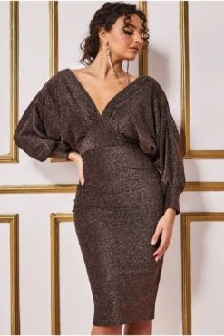 Sarto Vibe Sales 29 Goddiva Kimono Sleeve Lurex Midi Dress - Bronze