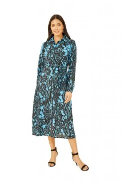 Mela London Blue Animal Print Long Sleeve Midi Shirt Dress