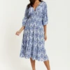 Hoxton Gal Oversized V Neck Detailed Printed Midi Dress