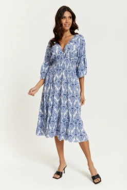 Hoxton Gal Oversized V Neck Detailed Printed Midi Dress