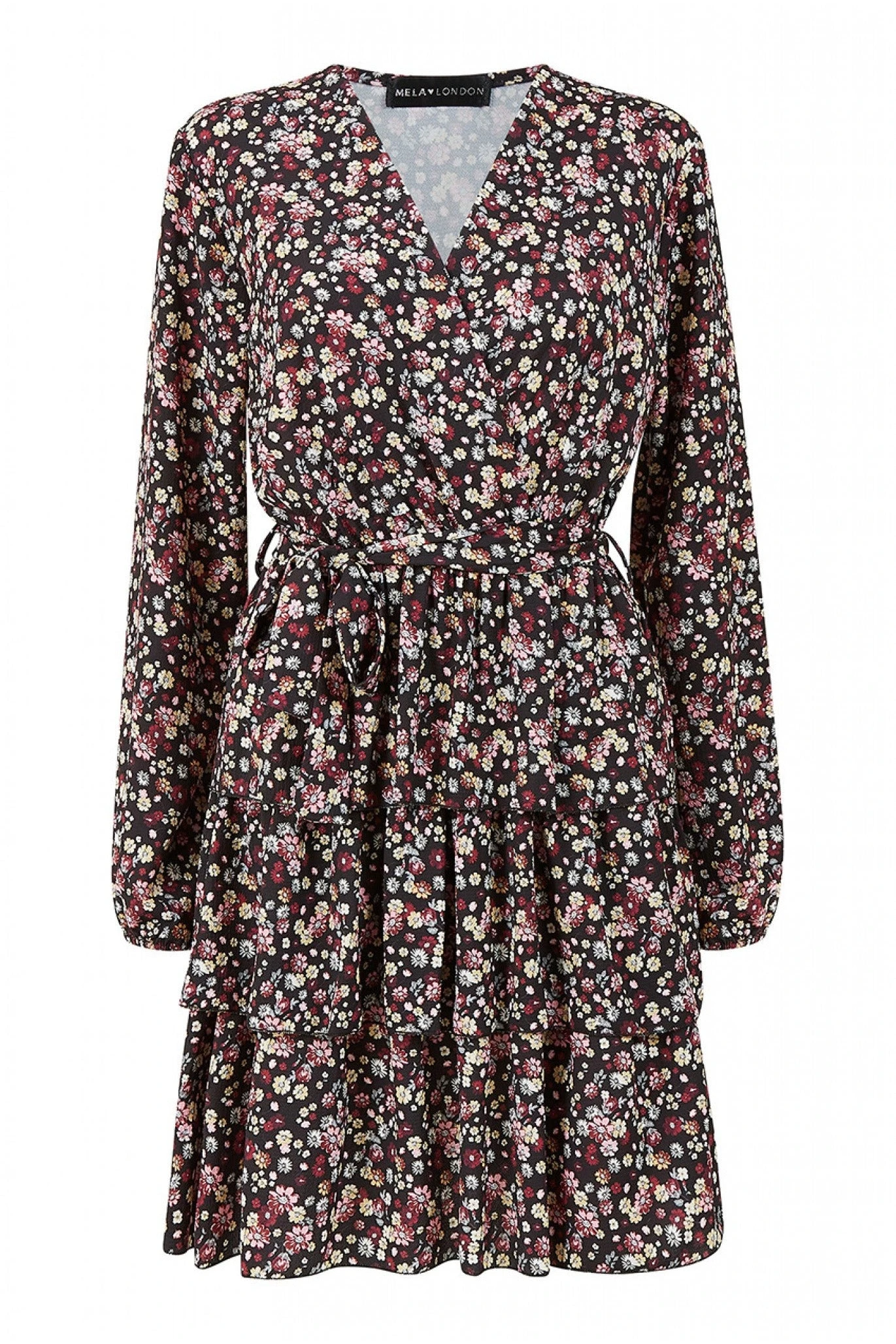 Mela London Mela Black Ditsy Flower Wrap Frill Dress 5 Mela London Mela Black Ditsy Flower Wrap Frill Dress - Image 5