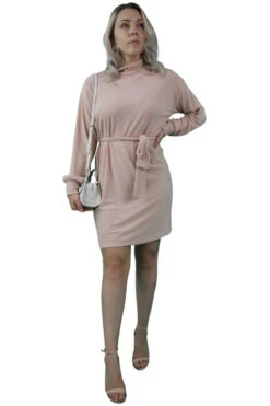 Signage High Neck Long Sleeve Belted Dress