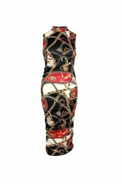 De La Creme Fashions Black Chain Scarf Print Ruched Dress 9 De La Creme Fashions Black Chain Scarf Print Ruched Dress -Sarto Vibe Sales hRt0RLiF 11628