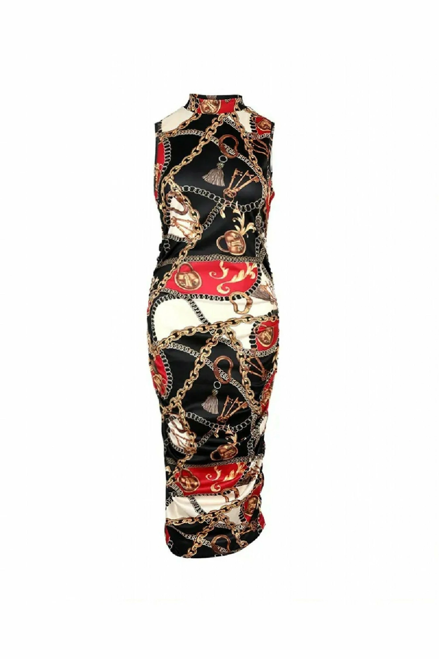 De La Creme Fashions Black Chain Scarf Print Ruched Dress 4 De La Creme Fashions Black Chain Scarf Print Ruched Dress - Image 4