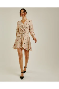 Dusty Pink Printed Polka Dot Swing Dress | Dark Beige