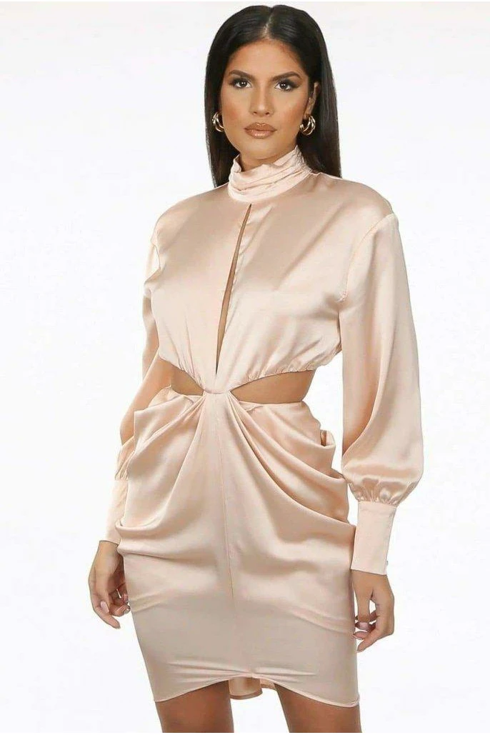 De La Creme Fashions Pleated High Neck Cut Out Mini Dress 1 De La Creme Fashions Pleated High Neck Cut Out Mini Dress