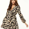 Liquorish Animal Print Mini Wrap Dress Long Sleeve In Cream