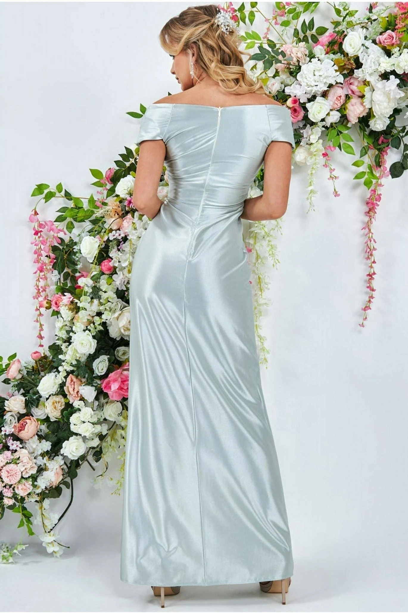 Goddiva Cowl Neck Bardot Satin Maxi Front Split - Sage Green 2 Goddiva Cowl Neck Bardot Satin Maxi Front Split - Sage Green - Image 2