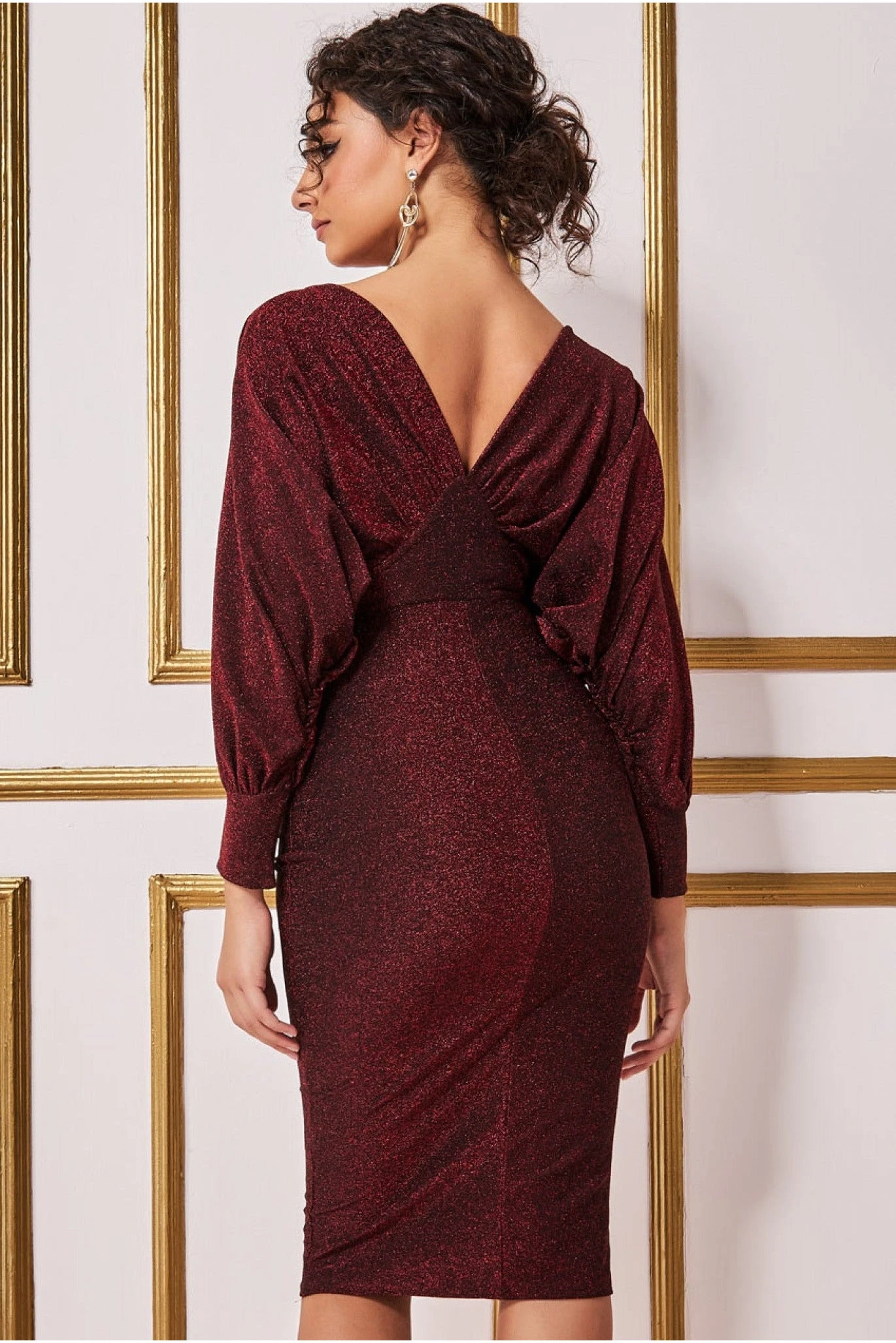 Goddiva Kimono Sleeve Lurex Midi Dress - Red 2 Goddiva Kimono Sleeve Lurex Midi Dress - Red - Image 2