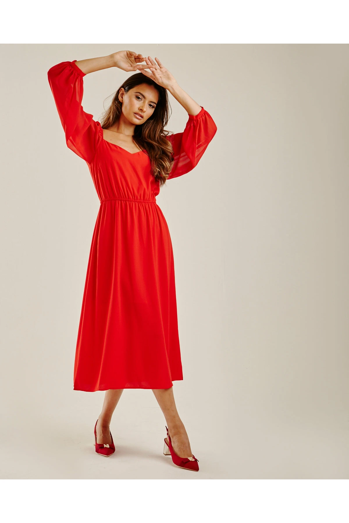Dusty Pink Balloon Sleeve Midi Dress | Red 1 Dusty Pink Balloon Sleeve Midi Dress | Red