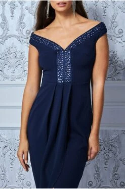 Goddiva Off The Shoulder Scuba Wrap Over Midi Dress - Navy -Sarto Vibe Sales o4lIbF2h 5736