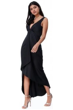 Goddiva Waterfall Satin Maxi Dress - Black