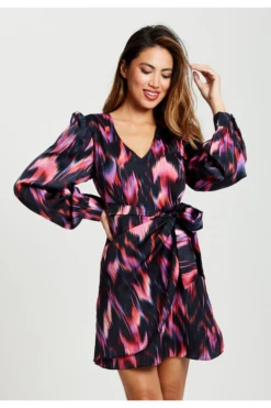 Liquorish Abstract Ikat Print Mini Wrap Dress In Black -Sarto Vibe Sales p7QIlwXj 14859