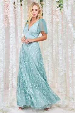 Goddiva Embroidered Lace Maxi Flutter Sleeves - Sagegreen