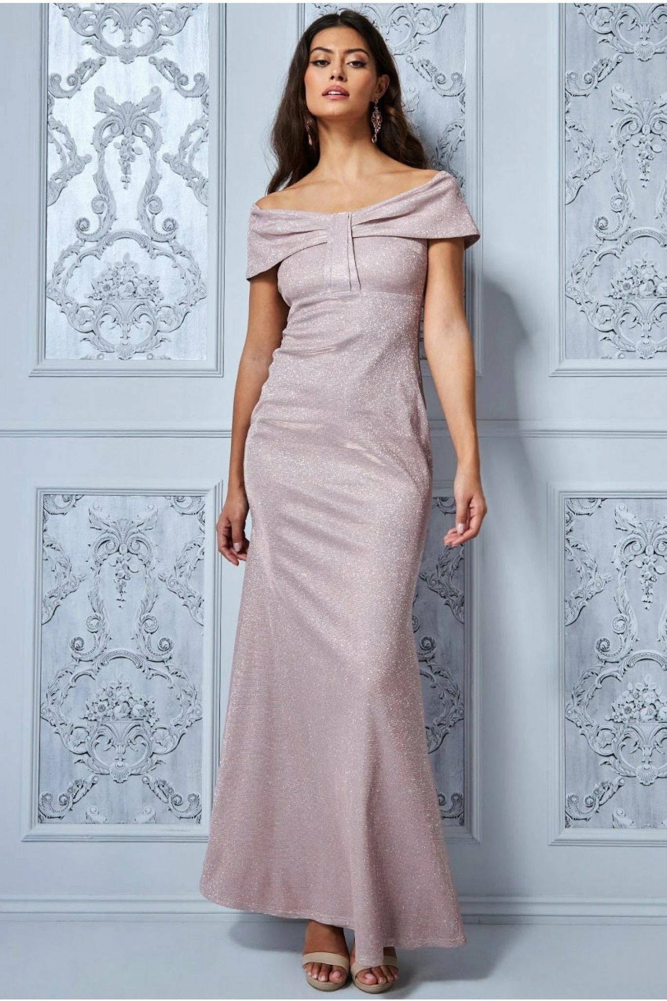 Goddiva Bardot Bow Detail Maxi Dress - Blush 3 Goddiva Bardot Bow Detail Maxi Dress - Blush - Image 3