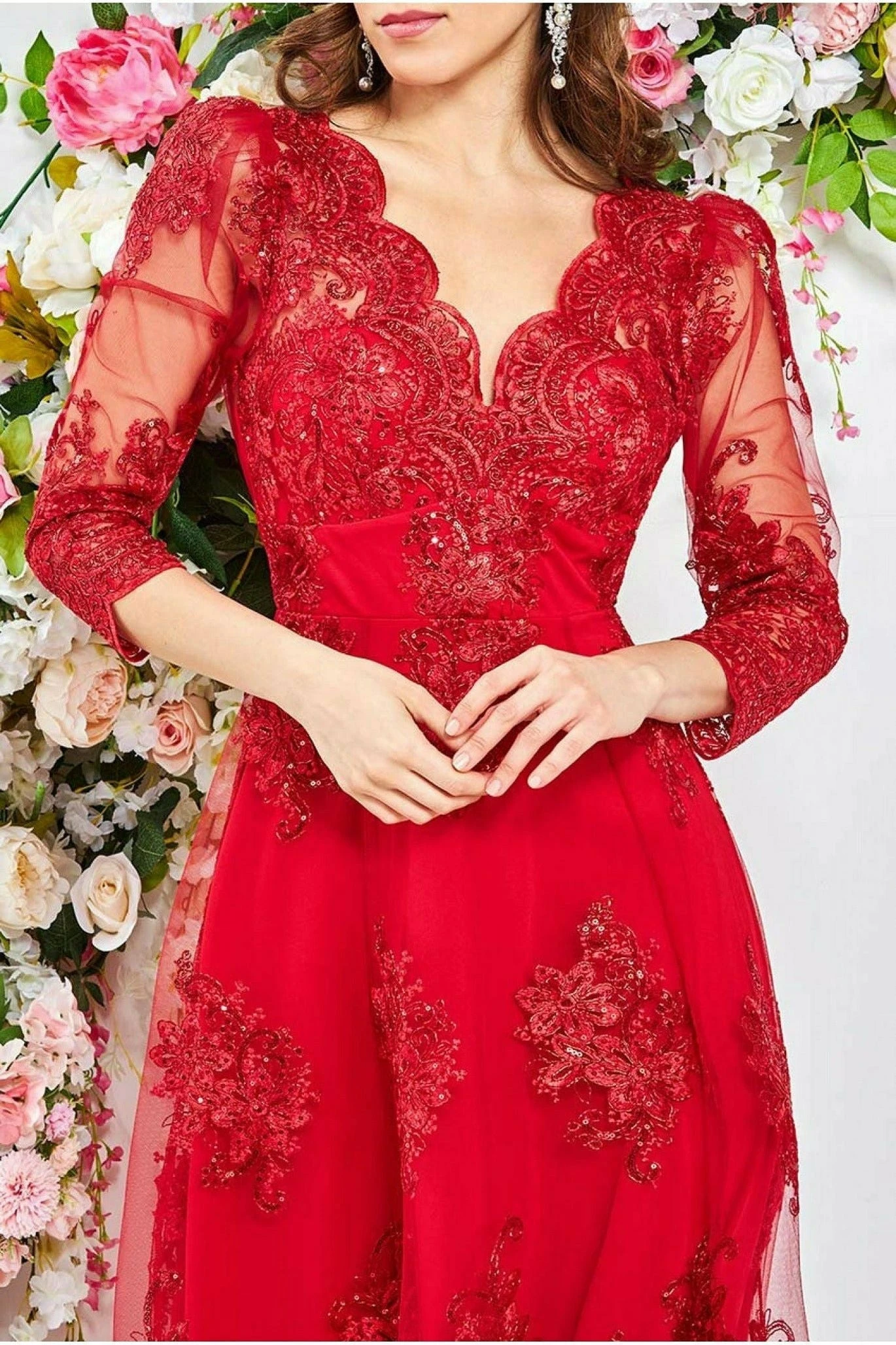 Goddiva Scalloped Lace High Low Midi Dress - Red 3 Goddiva Scalloped Lace High Low Midi Dress - Red - Image 3