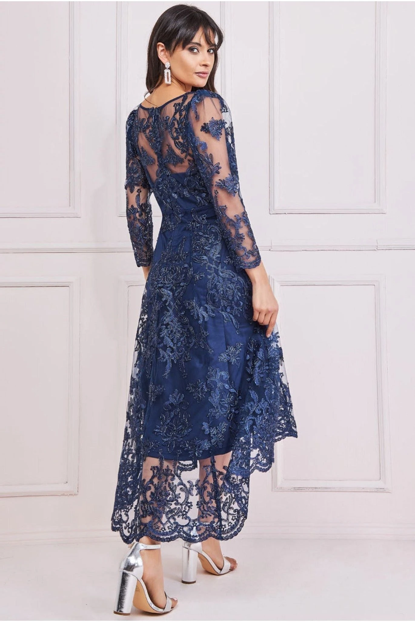 Goddiva Scalloped Lace Dipped Hem Midi Dress - Navy 2 Goddiva Scalloped Lace Dipped Hem Midi Dress - Navy - Image 2