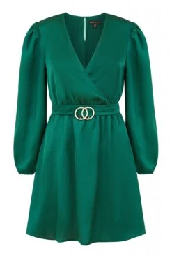 Mela London Green Satin Wrap Dress With Long Sleeves -Sarto Vibe Sales racewX8f 14770