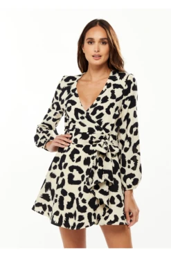 Liquorish Animal Print Mini Wrap Dress With Long Sleeves
