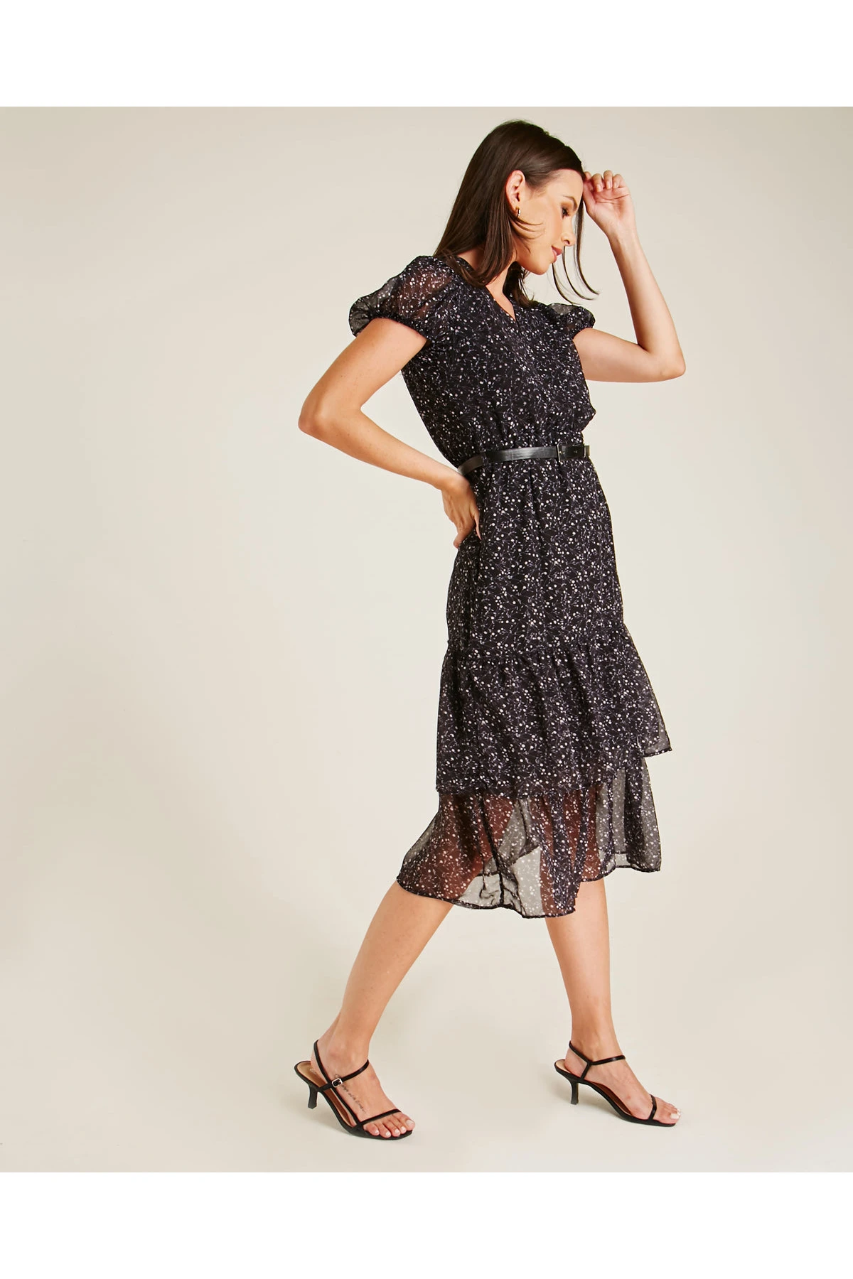 Dusty Pink Printed Tiered Belted Dress 2 Dusty Pink Printed Tiered Belted Dress - Image 2