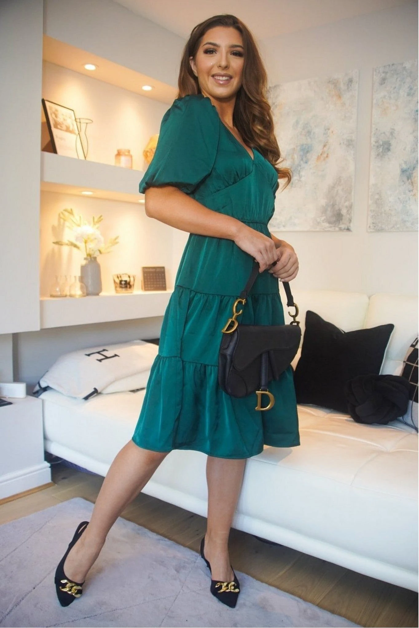 Double Second Green Satin Puff Sleeve V-neck Tiered Dress 1 Double Second Green Satin Puff Sleeve V-neck Tiered Dress