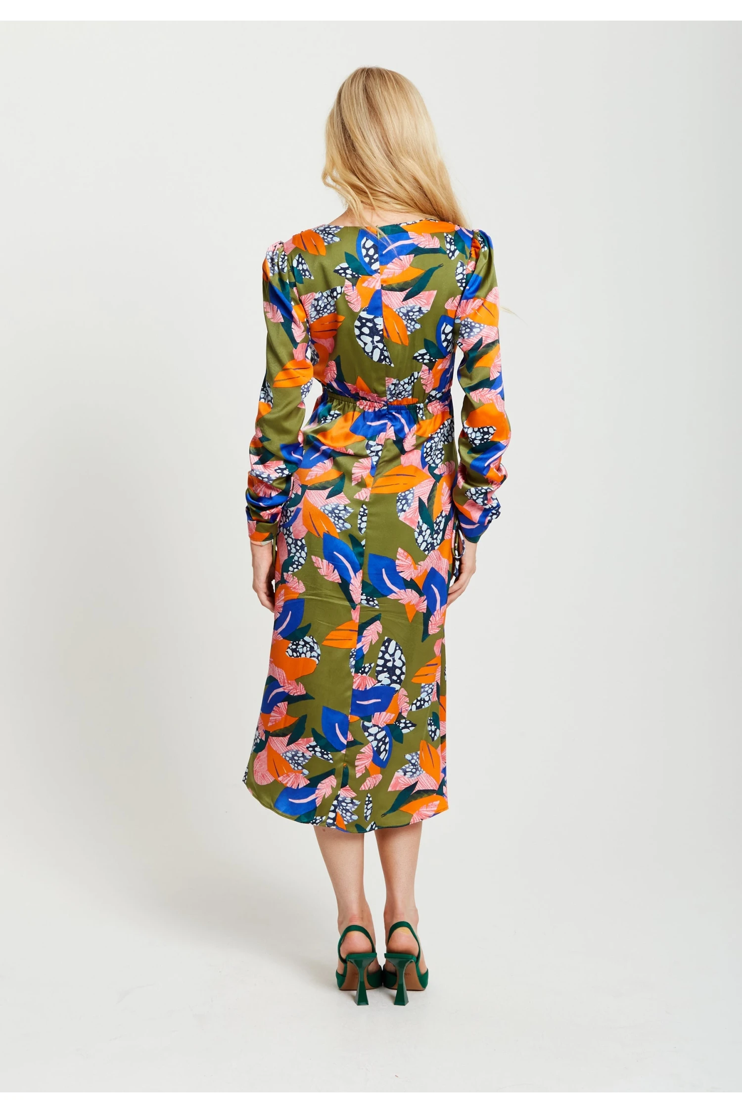 Liquorish Abstract Leaf Print Midi Ruched Dress In Olive 3 Liquorish Abstract Leaf Print Midi Ruched Dress In Olive - Image 3