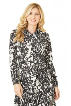 Mela London Black Animal Print Long Sleeve Midi Shirt Dress -Sarto Vibe Sales svelzyX4 14773