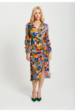 Liquorish Abstract Leaf Print Midi Ruched Dress In Olive