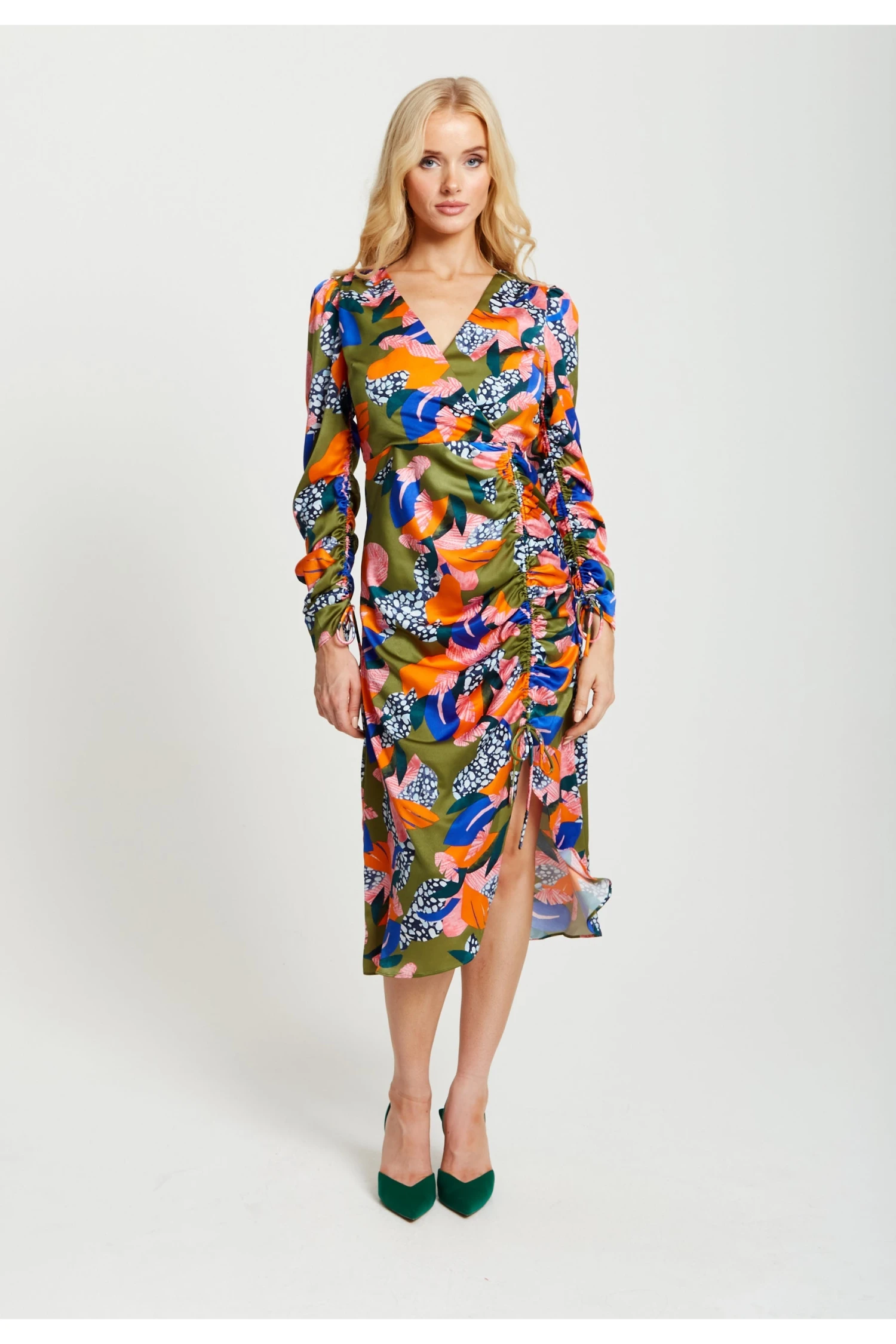 Liquorish Abstract Leaf Print Midi Ruched Dress In Olive 1 Liquorish Abstract Leaf Print Midi Ruched Dress In Olive