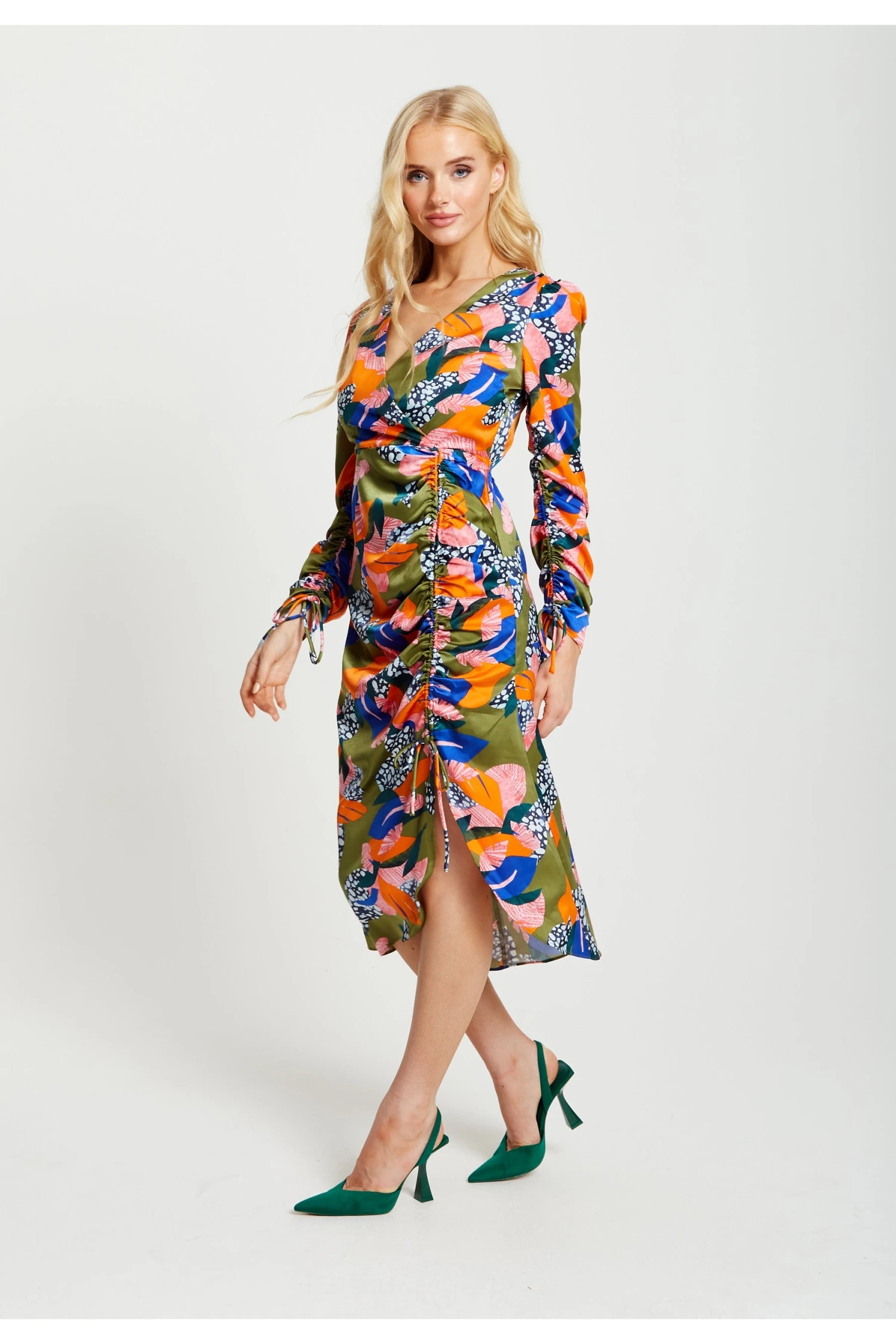 Liquorish Abstract Leaf Print Midi Ruched Dress In Olive 2 Liquorish Abstract Leaf Print Midi Ruched Dress In Olive - Image 2