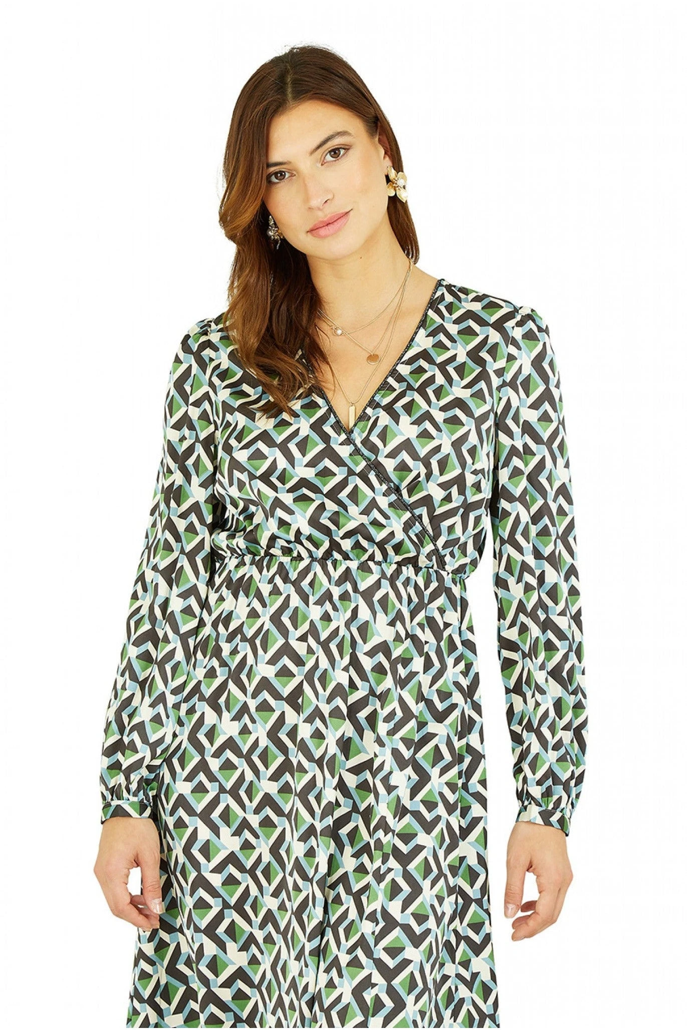 Yumi Green Geo Print Wrap Satin Midi Dress 2 Yumi Green Geo Print Wrap Satin Midi Dress - Image 2