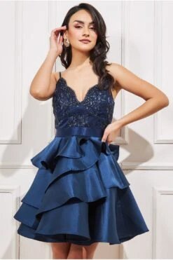 Goddiva Layered Frilled Midi Dress - Navy