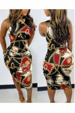 Sarto Vibe Sales 33 De La Creme Fashions Black Chain Scarf Print Ruched Dress