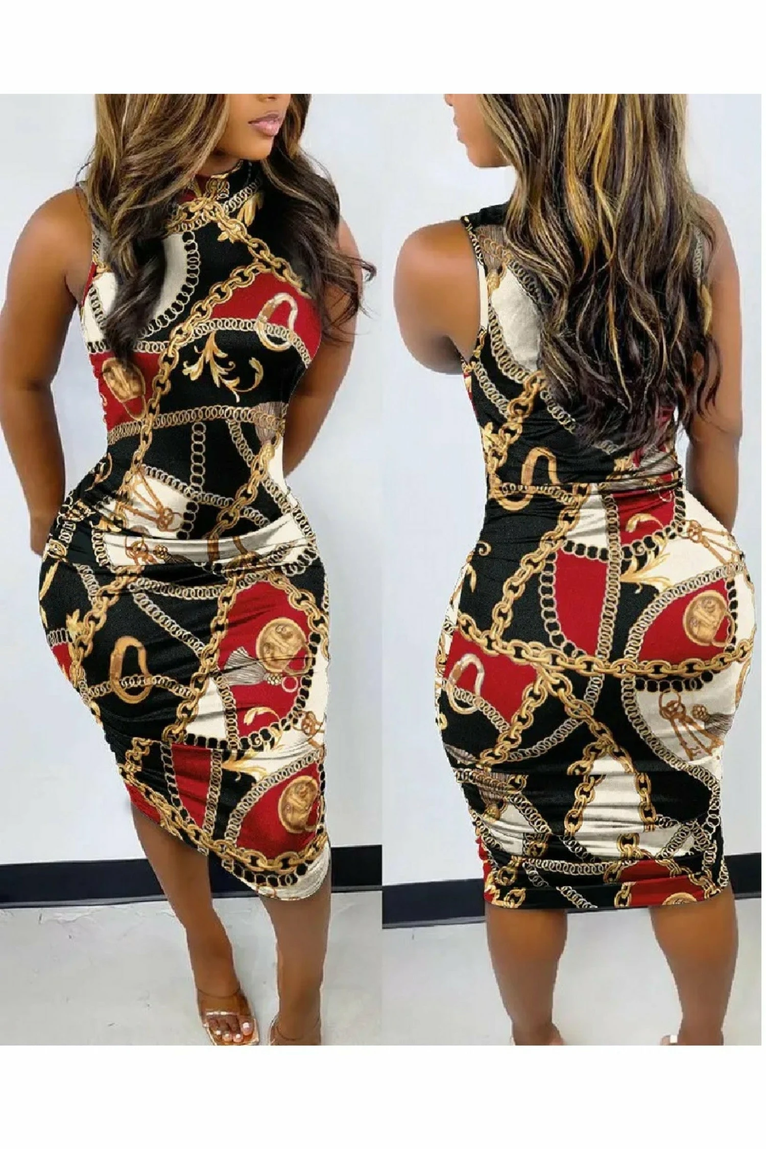 De La Creme Fashions Black Chain Scarf Print Ruched Dress 1 De La Creme Fashions Black Chain Scarf Print Ruched Dress