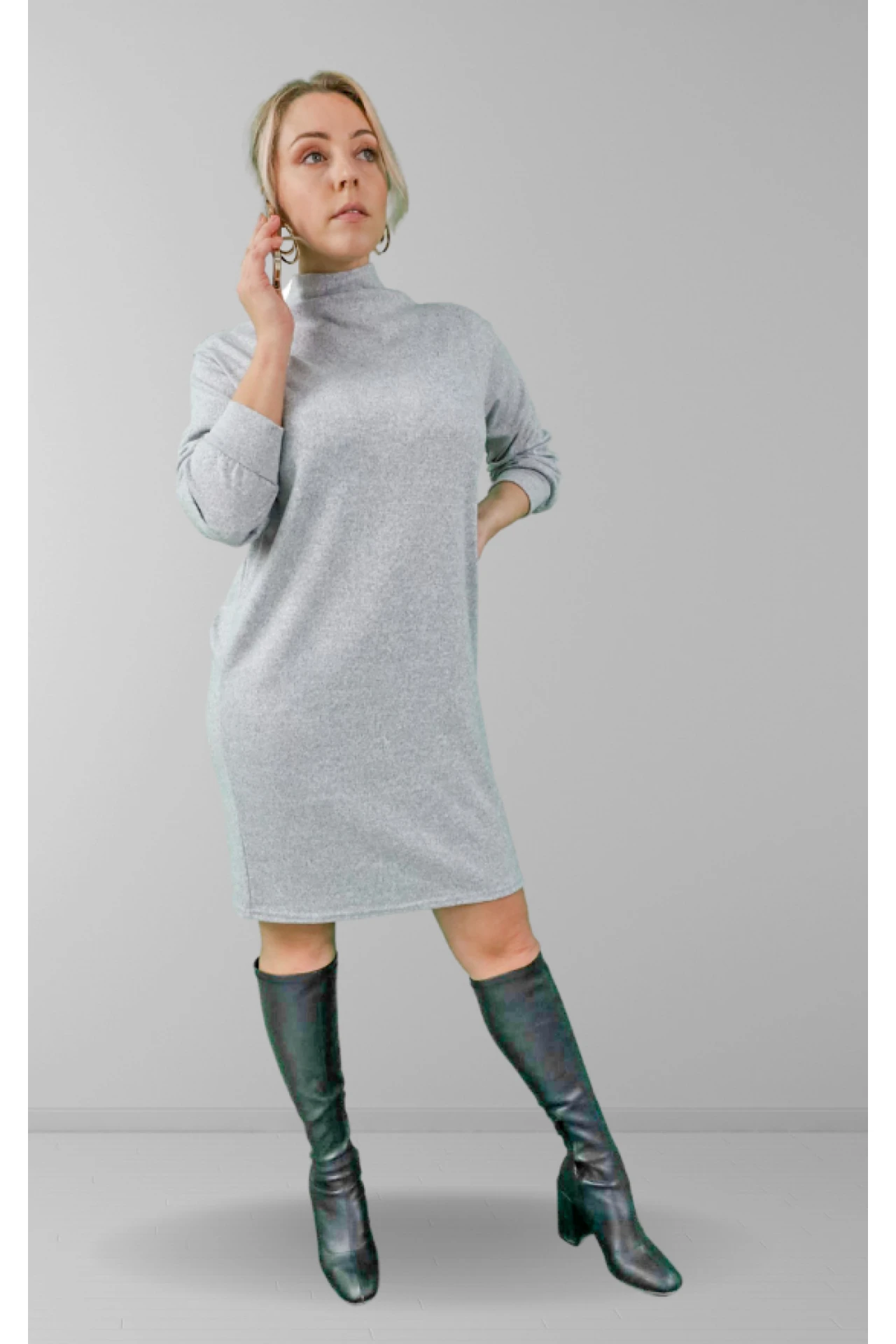 Signage Light Grey Funnel Neck Long Sleeve Dress 3 Signage Light Grey Funnel Neck Long Sleeve Dress - Image 3