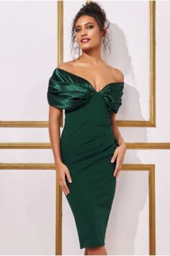 Goddiva Satin & Scuba Off The Shoulder Midi Dress - Emerald 7 Goddiva Satin & Scuba Off The Shoulder Midi Dress - Emerald -Sarto Vibe Sales vuwGloVN 14174
