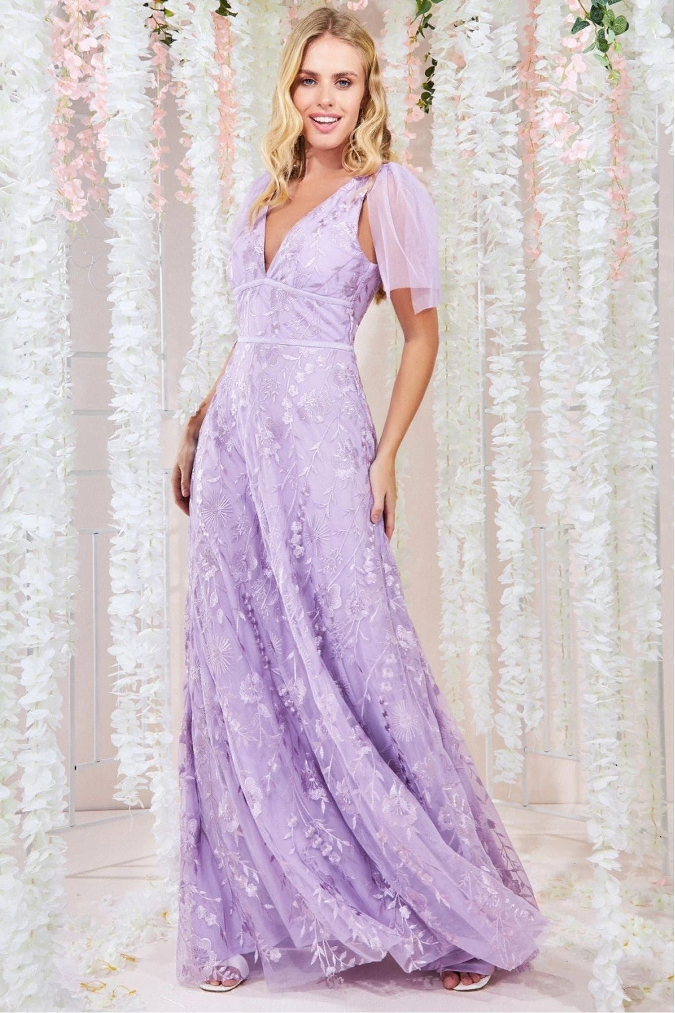 Goddiva Embroidered Lace Maxi Flutter Sleeves - Lilac 1 Goddiva Embroidered Lace Maxi Flutter Sleeves - Lilac