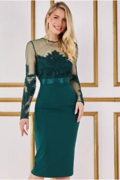 Sarto Vibe Sales 4 Goddiva Embroidered Mesh & Scuba Midi Dress - Emerald Green