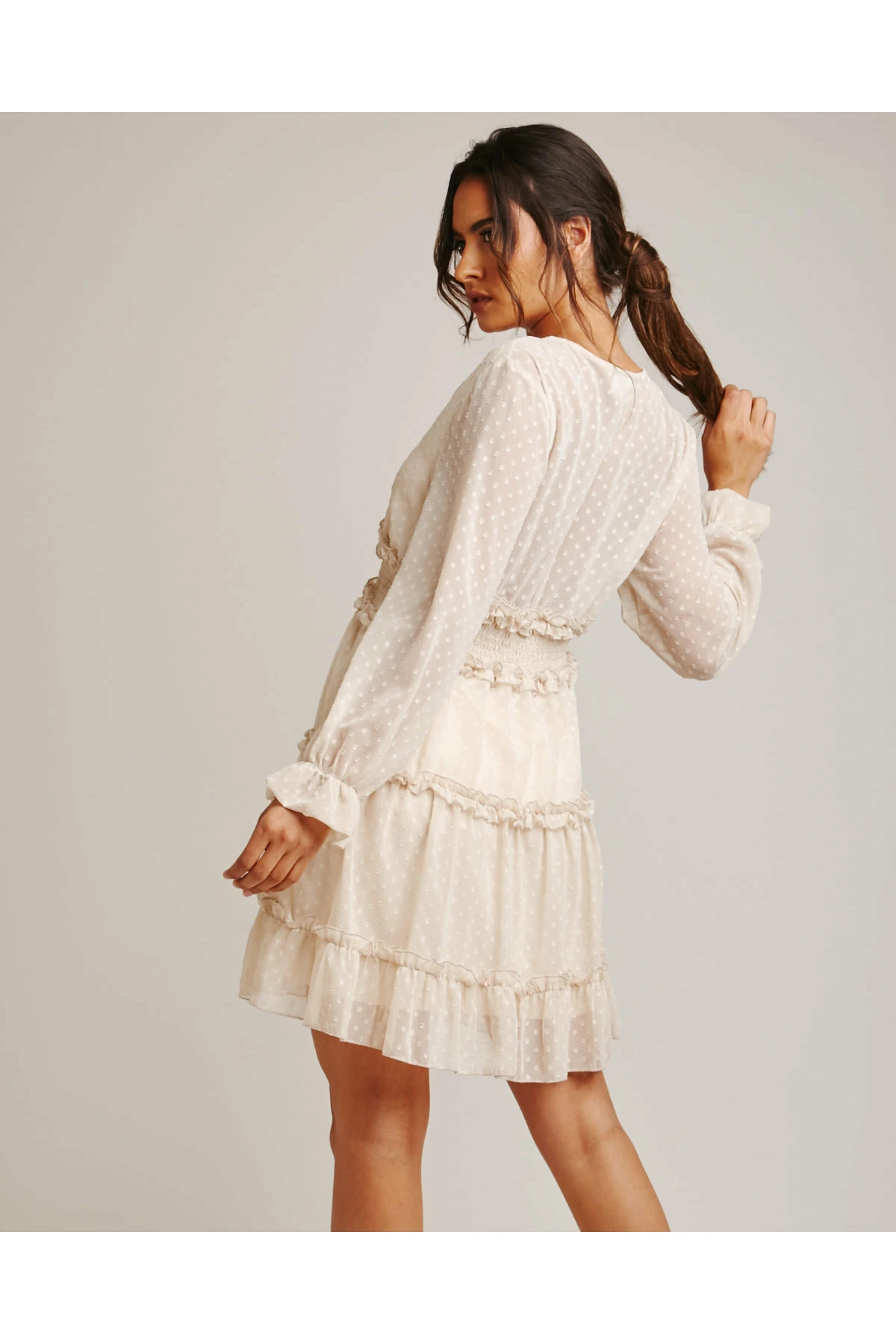 Dusty Pink Bobble Textured Frilled Mini Dress | Beige 4 Dusty Pink Bobble Textured Frilled Mini Dress | Beige - Image 4