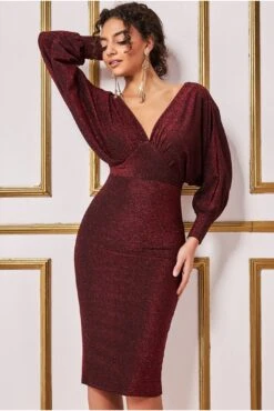Goddiva Kimono Sleeve Lurex Midi Dress - Red