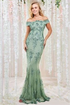 Goddiva Bardot Sequin Embroidered Maxi Dress - Sagegreen