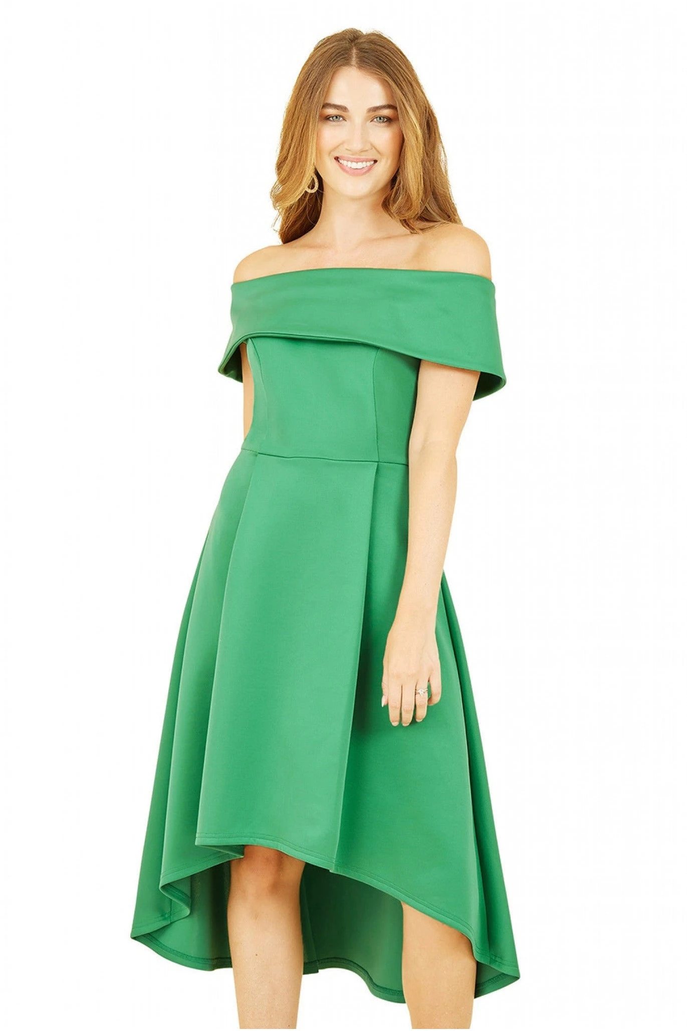 Mela London Bright Green Bardot Dipped Hem Dress 3 Mela London Bright Green Bardot Dipped Hem Dress - Image 3