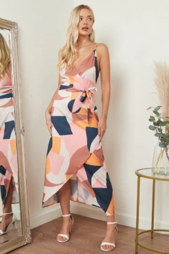 Lilura London Cami Wrap Midi Dress In Multicolour Print -Sarto Vibe Sales yUT6FBIb 15693