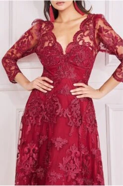 Goddiva Scalloped Lace Dipped Hem Midi Dress - Wine -Sarto Vibe Sales yavEgGl8 13771