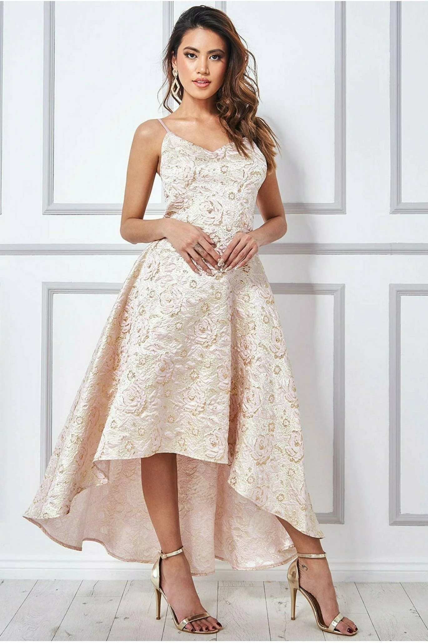 Goddiva Jacquard High Low Midi Dress - Blush 2 Goddiva Jacquard High Low Midi Dress - Blush - Image 2