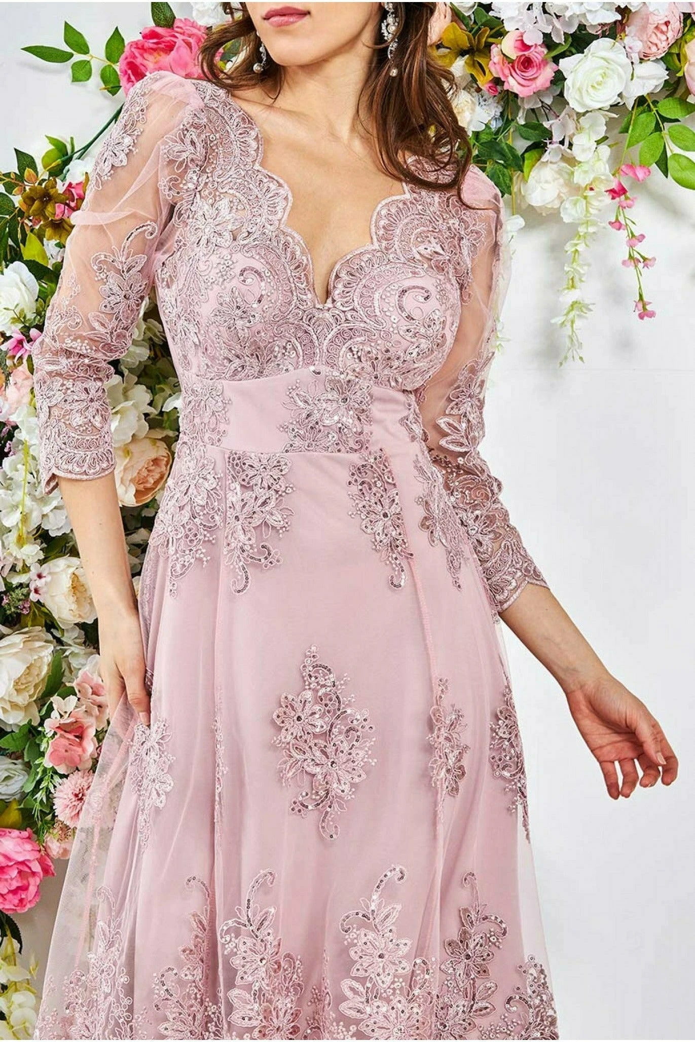 Goddiva Scalloped Lace High Low Midi Dress - Blush 4 Goddiva Scalloped Lace High Low Midi Dress - Blush - Image 4